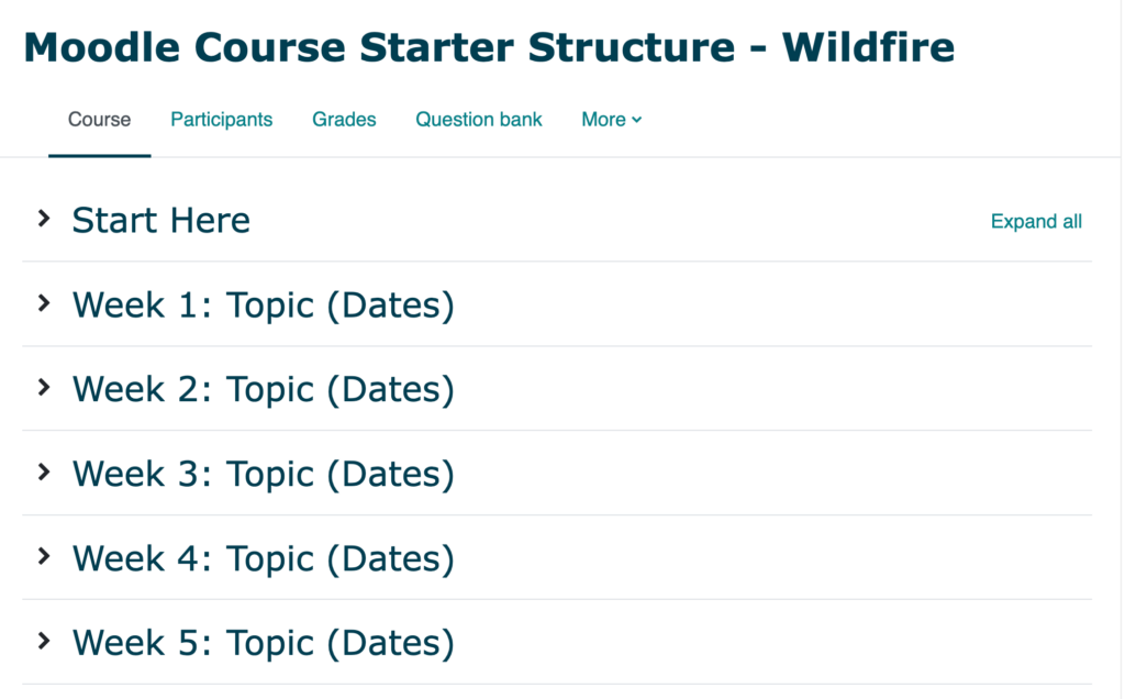A screenshot of a Moodle course with a heading structure of "start here" followed by a weekly structure of "week 1: Topic (Dates)" that is repeated.
