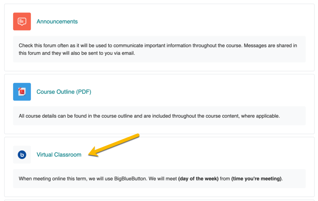 A screenshot of a Moodle course that contains a link to a virtual classroom with an arrow pointing to it