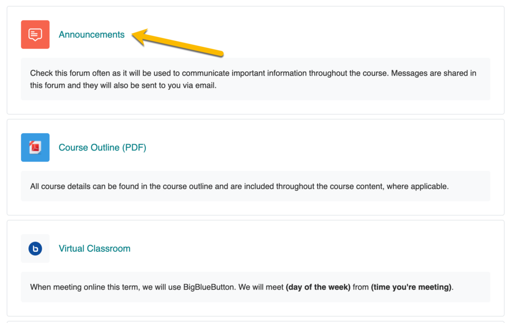 A screenshot of a Moodle course that contains an Announcements forum with an arrow pointing to it