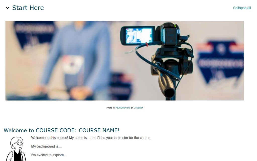 A screenshot of a Moodle course that has a "start here" heading which contains a related image and an introduction message